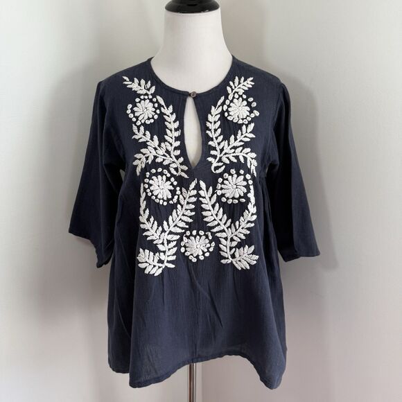 Roberta Roller Rabbit Blouse Top  XXS Navy Blue Cotton Embroidered Peasant Gauzy - Picture 1 of 11